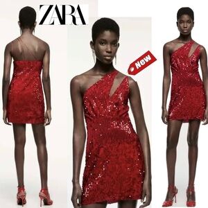 Zara Red Velvet Sequin Asymmetric spaghetti strap Mini Dress Blogger Fave S NWT